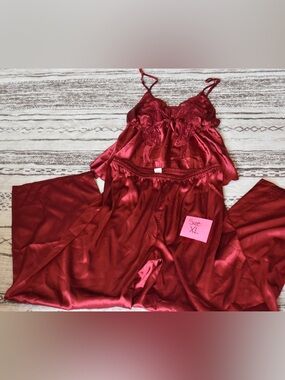 Red Satin Lace Camisole & Wide-Leg Pajama Set - Women's XL